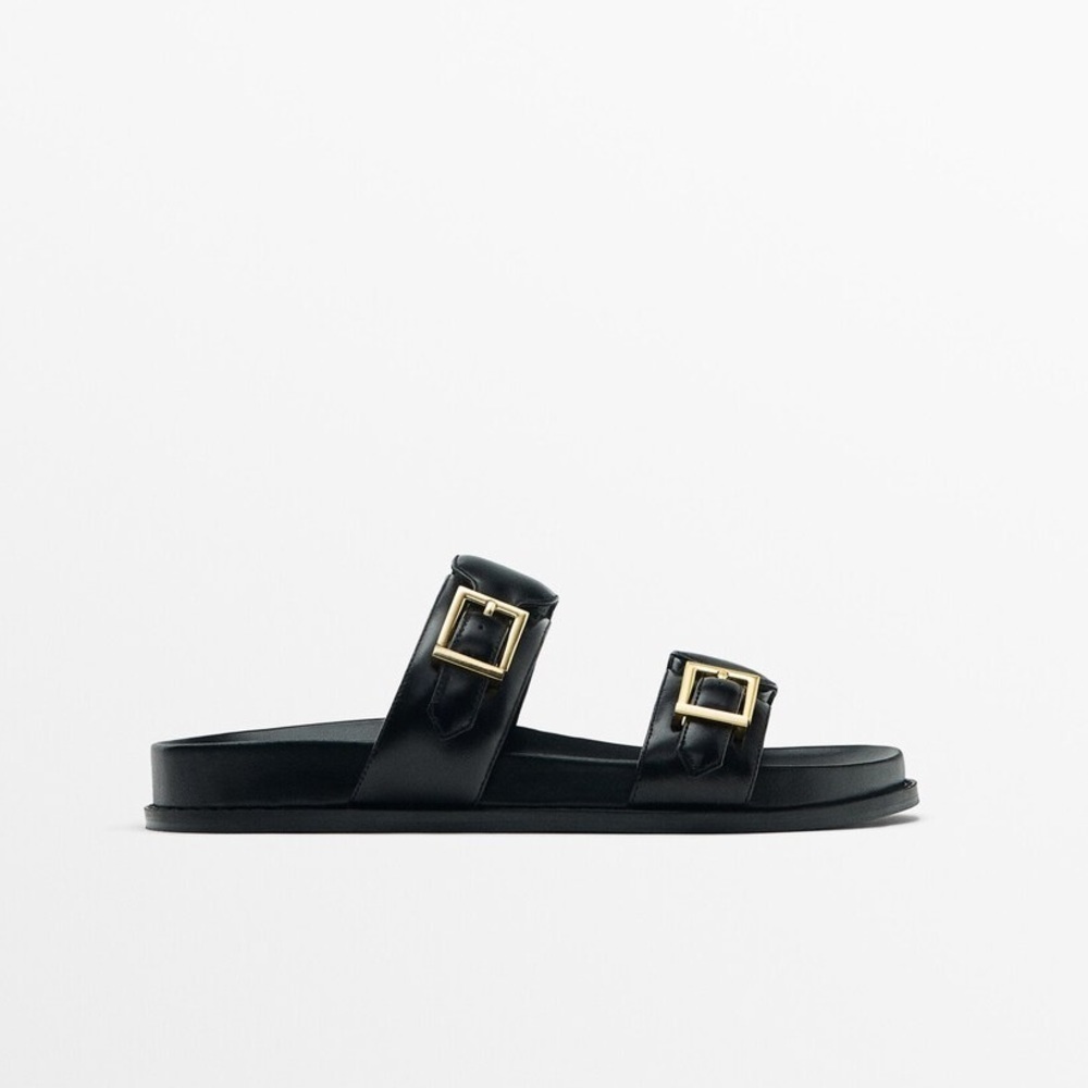 NWT. Massimo Dutti Black Leather Sandals with Two Buckles. Size 6,5.